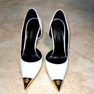 Versace White Patent Leather D'Orsay Pumps. Size 36. Gold Heels and Tips.